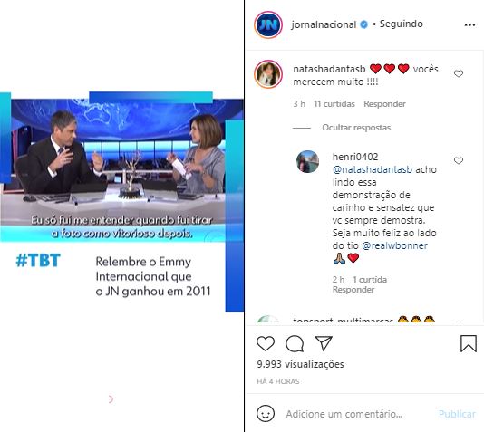 Natasha Dantas comentou em vídeo de William Bonner com Fátima Bernardes (Foto: Reprodução/Instagram)