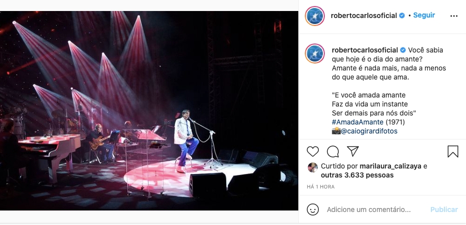 Roberto Carlos posta foto falando sobre amantes - Reprodução