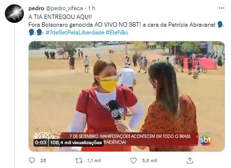 Manifestante detonou Bolsonaro no programa de Patrícia Abravanel, o "Vem Pra Cá", no SBT (Foto: Reprodução/Twitter)