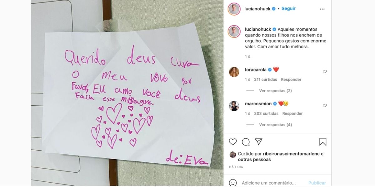 Luciano Huck expõe recado de Eva, fruto de seu relacionamento com Angélica, sobre sogro (Reprodução)