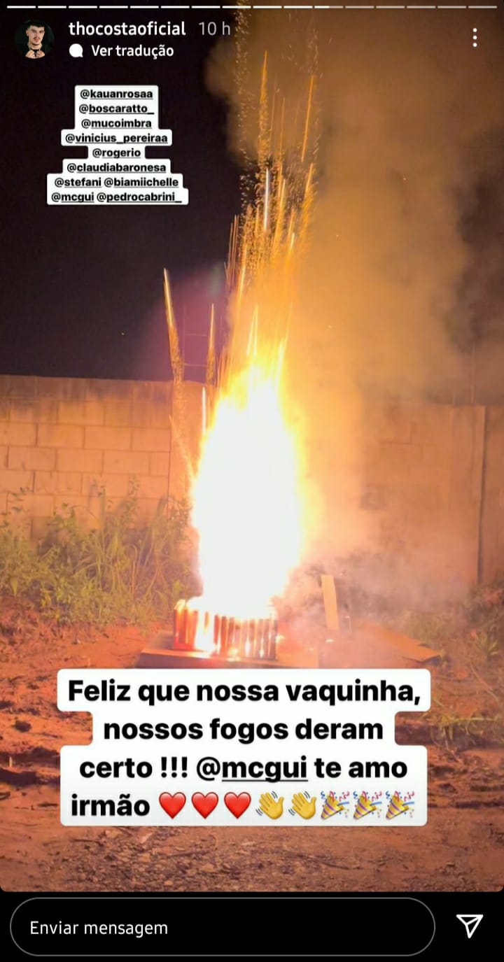 Thomaz Costa faz publicação agradecendo os fogos (Foto: Reprodução)