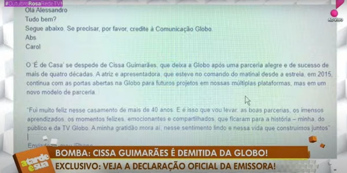 Cissa Guimarães é chamada em salinha da direção da Globo e demitida pela emissora após 40 anos de casa