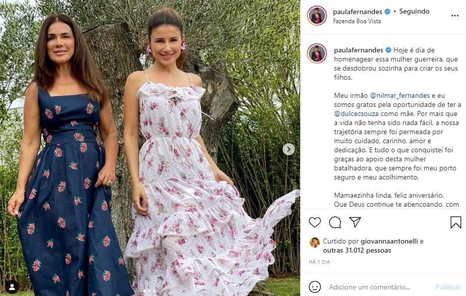 Paula Fernandes posou com a mãe e se declarou (Foto: Reprodução/ Instagram)