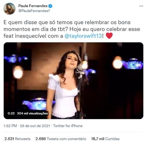 Paula Fernandes relembrou o feat que fez com Taylor Swift (Foto: Reprodução/Twitter)