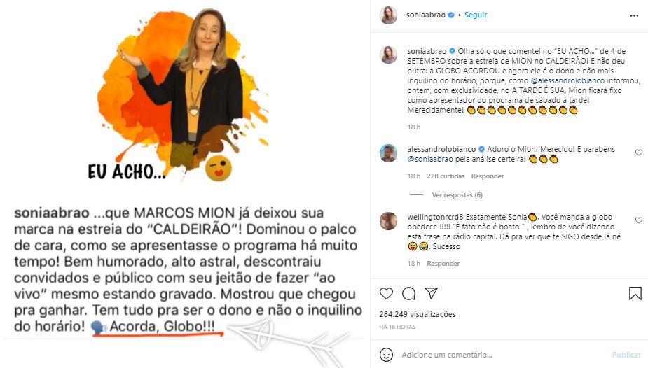 Sonia Abrão relembrou opinião sobre Marcos Mion (Foto: Reprodução/Instagram)