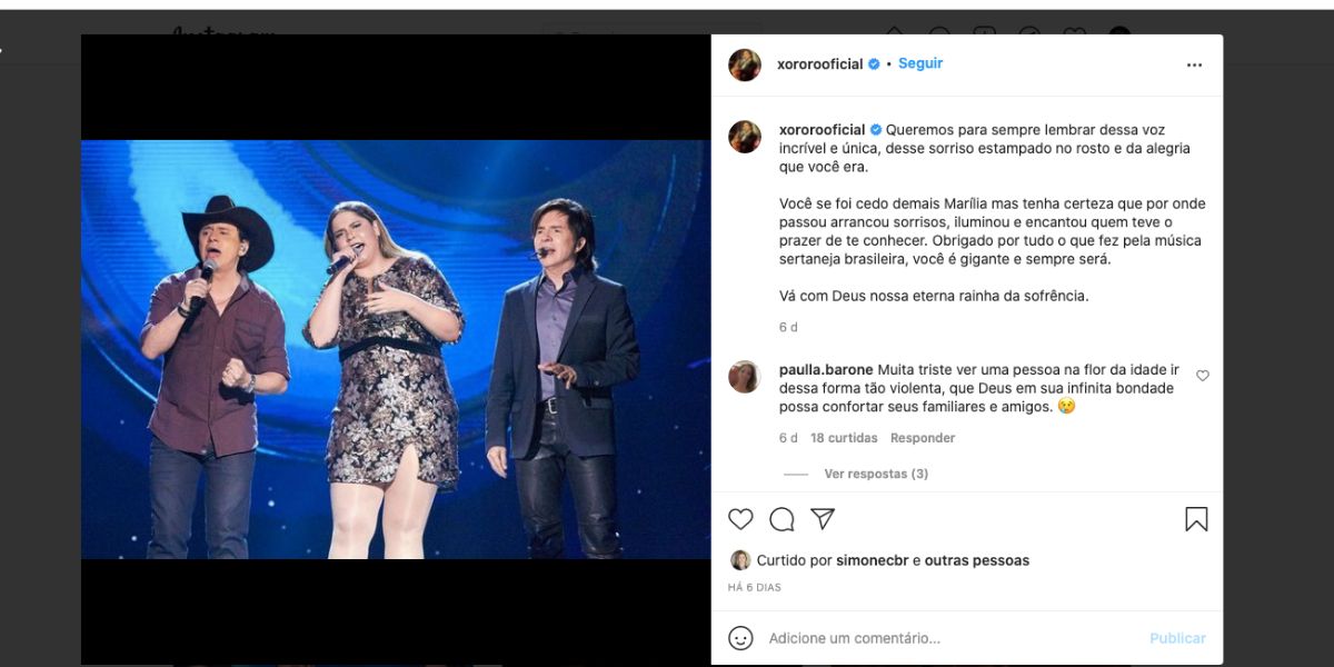 Xororó lamenta perda irreparável de cantora (Reprodução) 