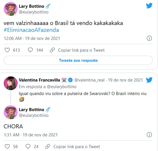 Treta entre Lary Bottino e Valentina Francavilla (Imagem: Reprodução)