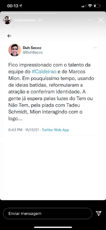 Marcos Mion recebeu elogios e fez questão de compartilhar