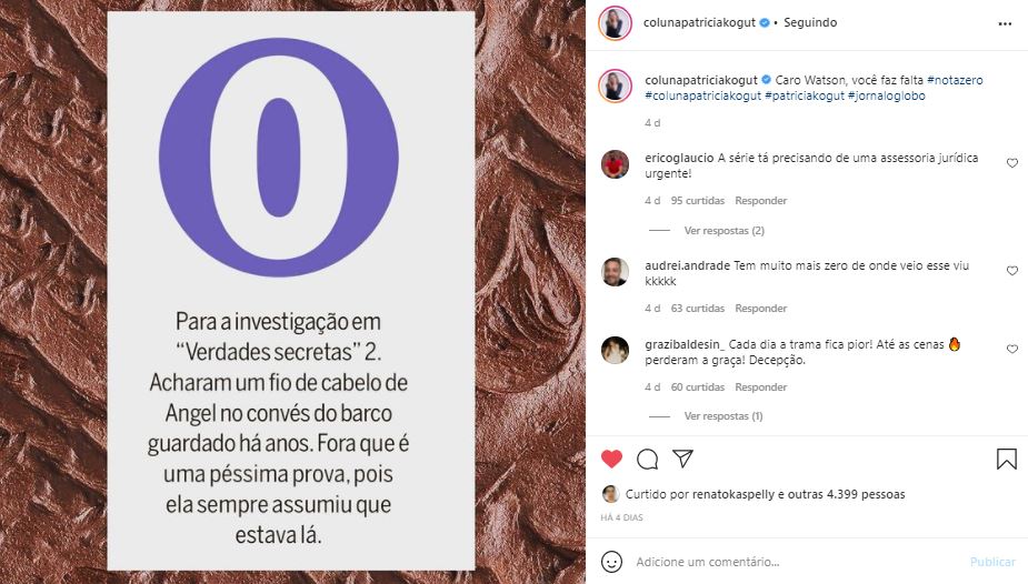 Patrícia Kogut, do jornal O Globo, detonou "Verdades Secretas 2" (Foto: Reprodução/Instagram)