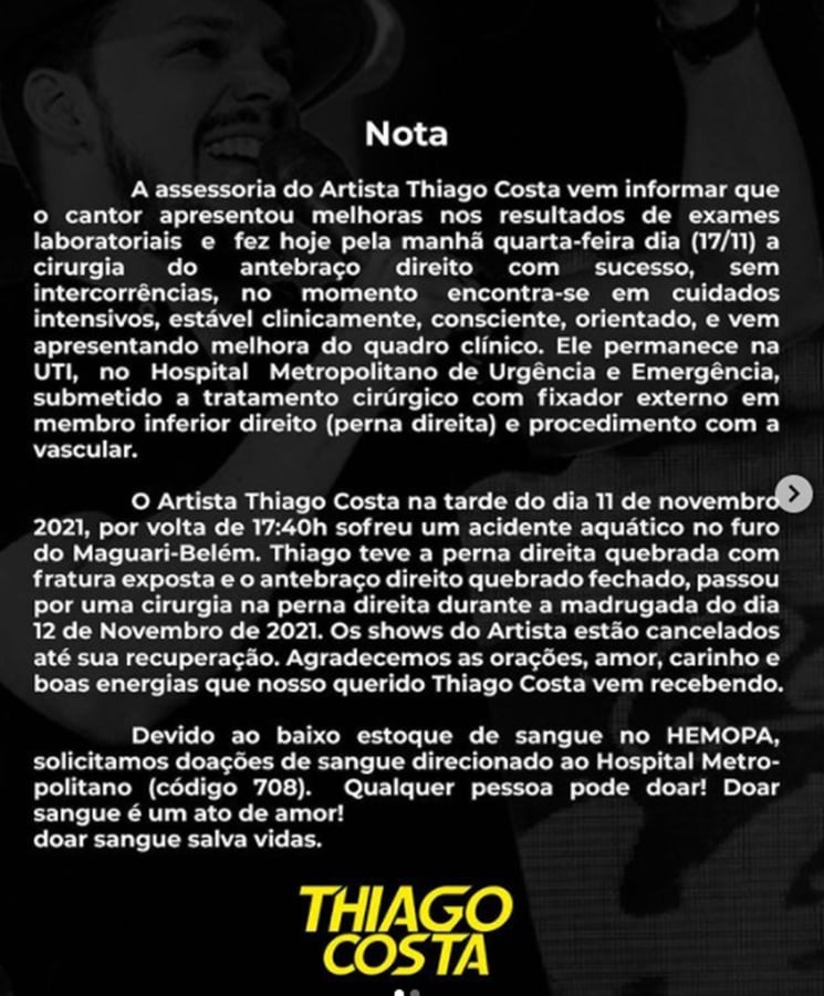 Assessoria de Thiago Costa divulga nota nas redes sociais (Foto: Reprodução/ Instagram)