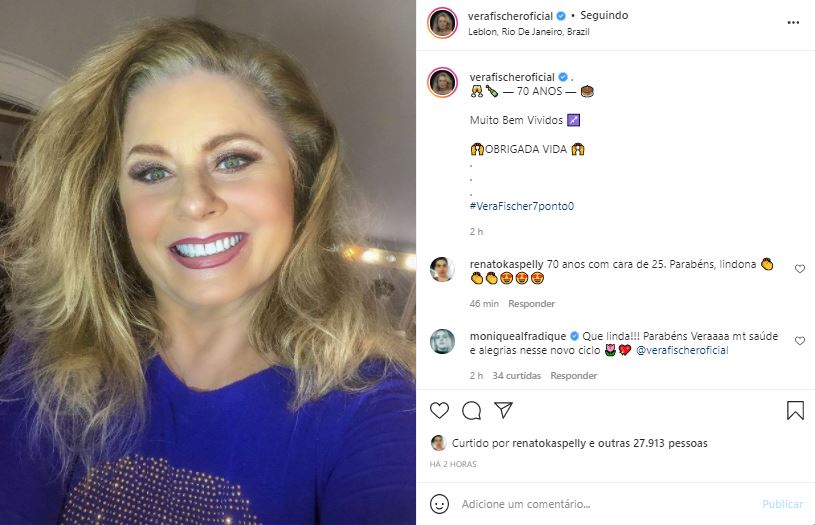 Vera Fisher comemorou os 70 anos com foto nas redes sociais (Foto: Reprodução/Instagram)