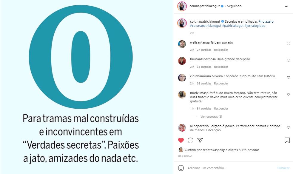 Patrícia Kogut detonou "Verdades Secretas 2", da Globo (Foto: Reprodução/Instagram)