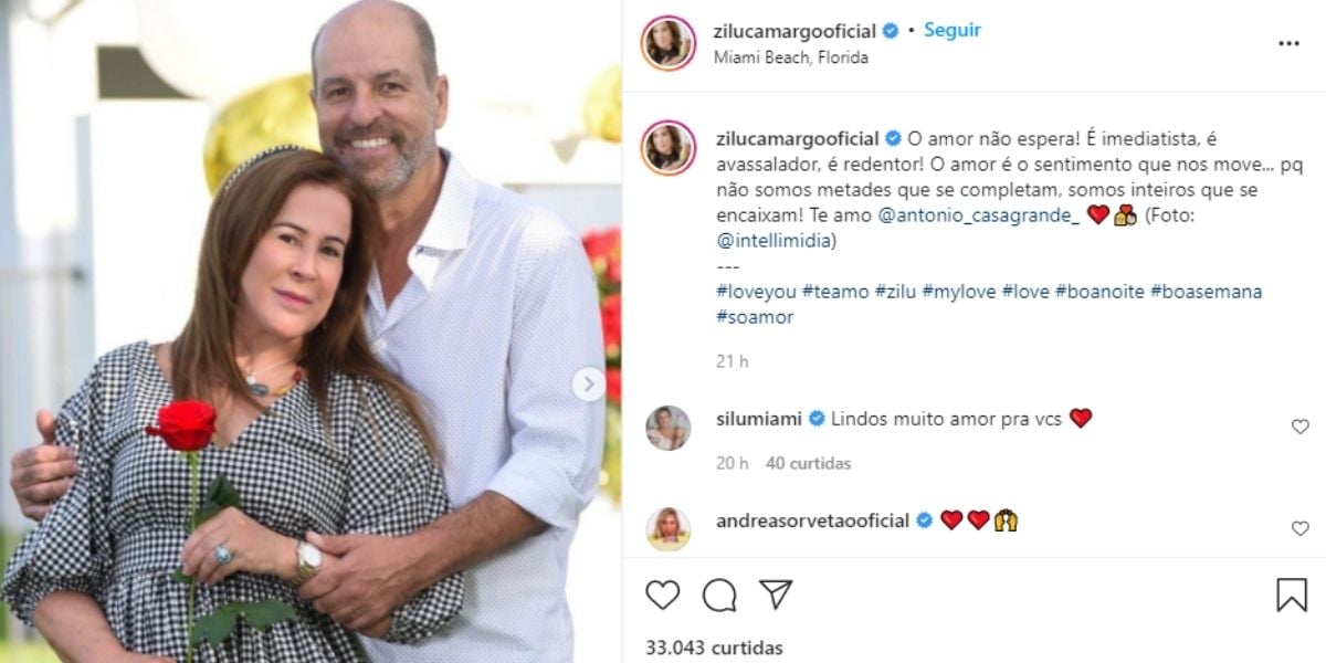 Zilu, após surgir aos beijos com loira aos 63, assume relação e se declara em textão: "Metades que se completam"