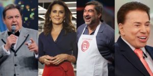 Faustão, Adriana Araújo, Zeca Camargo e Silvio Santos (Montagem: TV Foco)