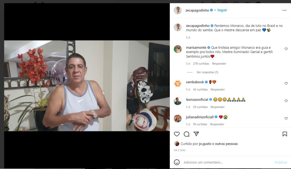 Zeca Pagodinho homenageou mestre Monarco nas redes sociais 