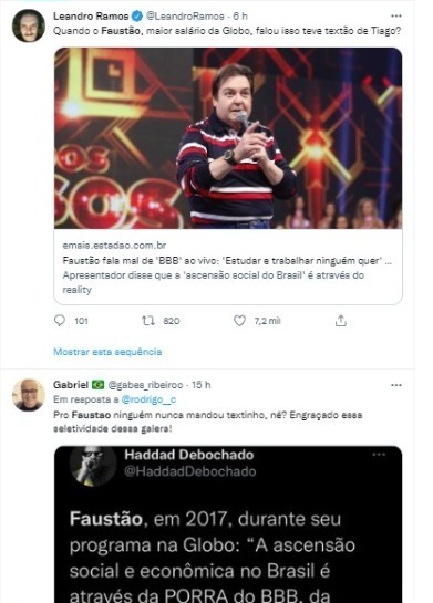 Internautas criticaram Tiago Leifert e reviveram declaração de Faustão sobre o Big Brother (Foto: Reprodução) 