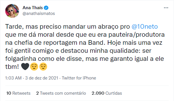 Ana Thaís Matos responde Neto após comentário (Foto: Reprodução)