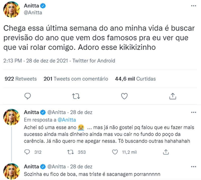 Tuítes da cantora Anitta que tem mais de 15 milhões de seguidores na plataforma (Foto: Reprodução/ Twitter)