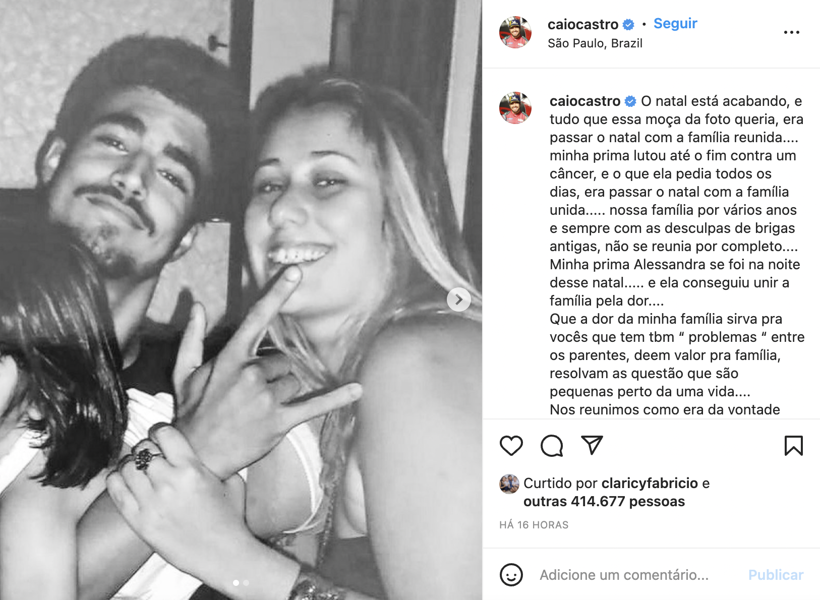 Caio Castro fez publicação no Instagram