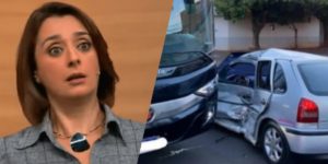 Catia Fonseca e carro destruído após acidente (Montagem: TV Foco)