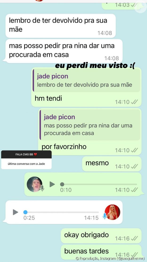 João Guilherme mostra a última conversa com a ex, Jade Picon - Foto: Reprodução