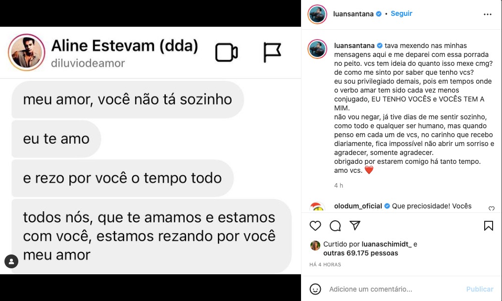 Luan Santana compartilha mensagem de apoio recebida de fãs - Reprodução