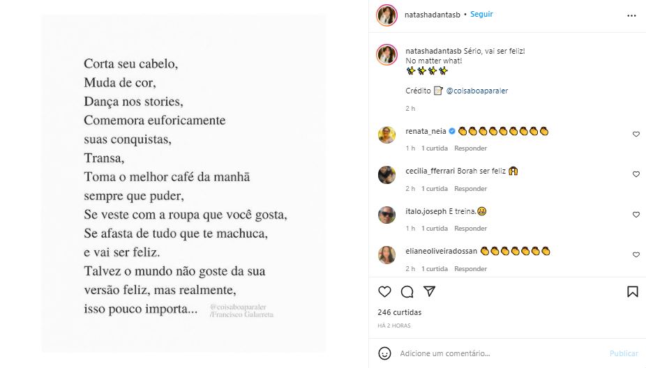 Natasha Dantas, esposa de Bonner, compartilhou post alto astral nas redes sociais (Foto: Reprodução/Instagram)