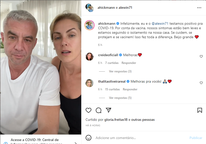 Ana Hickmann e marido testam positivo para Covid 19 e fazem post no Instagram (Foto: Reprodução/Instagram)