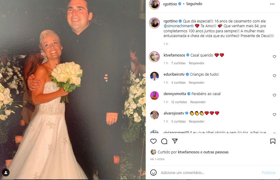 Reinaldo Gottino ao lado da sua esposa, Simone Chimenti, no dia do casamento, eles estão juntos há 16 anos (Foto Reprodução/Instagram))