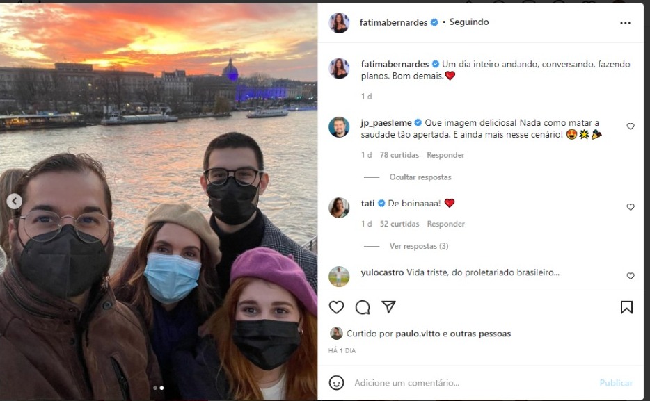 Fátima Bernardes está em Paris curtindo férias ao lado do namorado e do filho (Foto: Reprodução/Instagram)