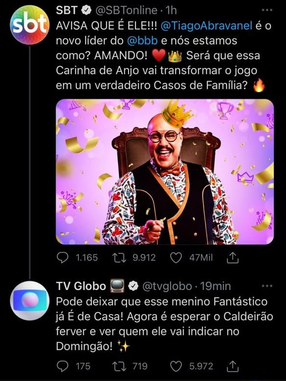 SBT e Globo se provocaram nas redes sociais por causa de Tiago Abravanel- Foto: Reprodução 