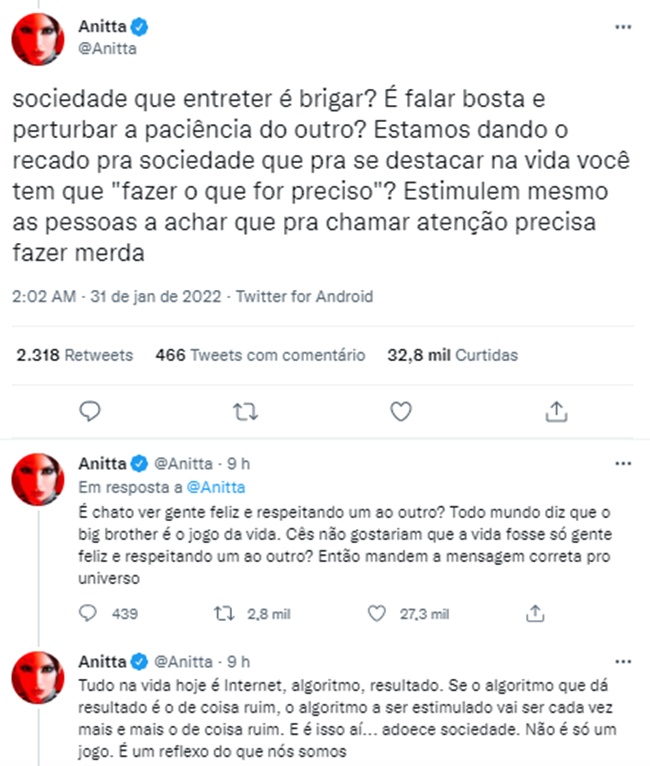 Anitta faz textões no Twitter e lava a moral da sociedade por aceitação de atitudes erradas no BBB22 (Reprodução/ Twitter)