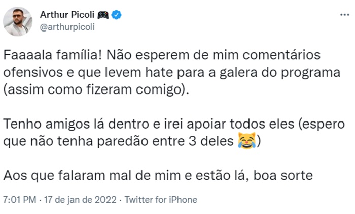 Tweet de Arthur Picoli (Reprodução/ Twitter)