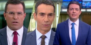 Rodrigo Bocardi, César Tralli e Alan Severiano no Jornal Hoje (Montagem: TV Foco)