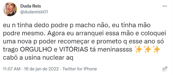 Declaração de Duda Reis (Reprodução/ Twitter)