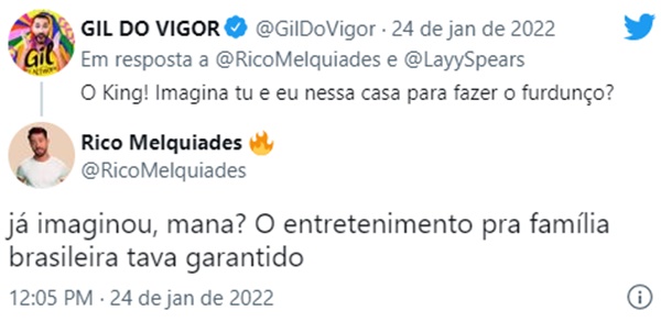Gil do Vigor sugere a Rico Melquiades esquentar o BBB22 se tivessem a oportunidade (Reprodução/ Twitter)