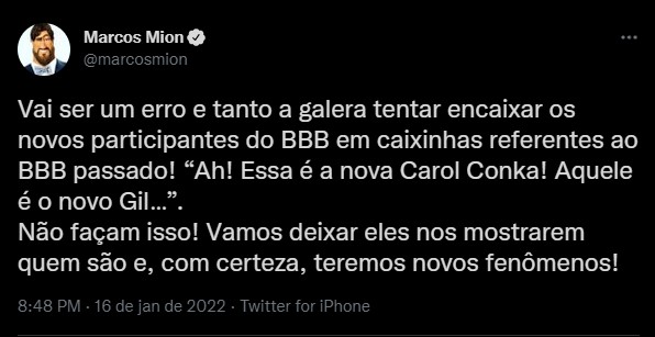 Marcos Mion expõe erro envolvendo o BBB22 - Foto: Reprodução/Twitter