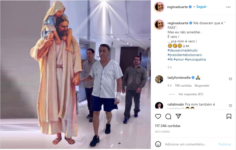 Regina Duarte faz montagem de Bolsonaro - Foto: Reprodução