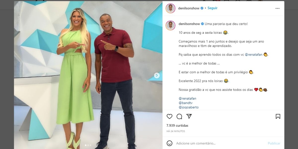 "Juntos", Denílson expõe relação com Renata Fan em textão e assume: "Estar com a melhor é um privilégio"