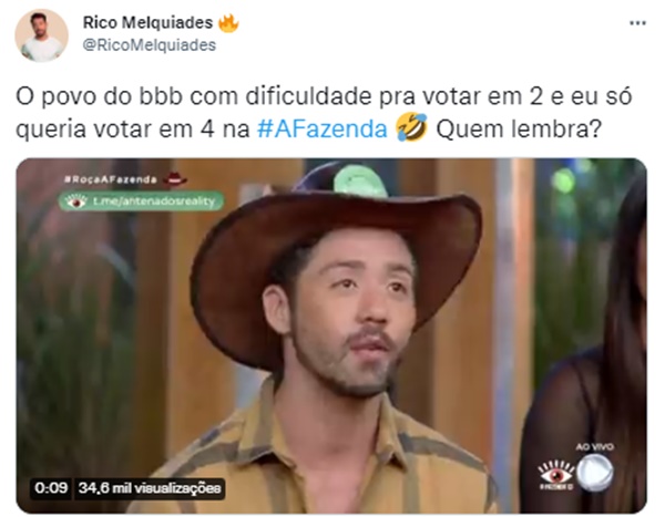 Rico Melquiades posta video querendo votar em 4 peões em A Fazenda 13 (Reprodução/ Twitter)