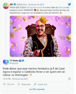 SBT e Globo trocam gentilezas nas redes sociais por causa do BBB22 (Foto: Reprodução / Twitter)