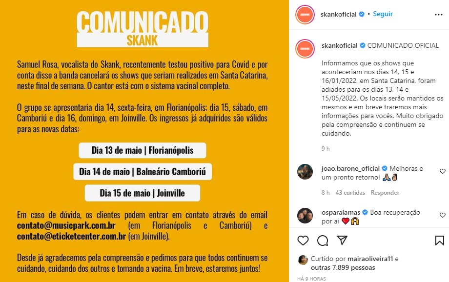 Comunicado da banda Skank (Reprodução/ Instagram)