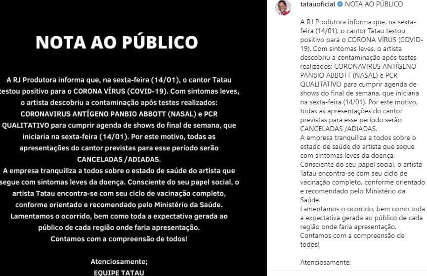 Nota oficial do cantor Tatau (Reprodução/ Instagram)