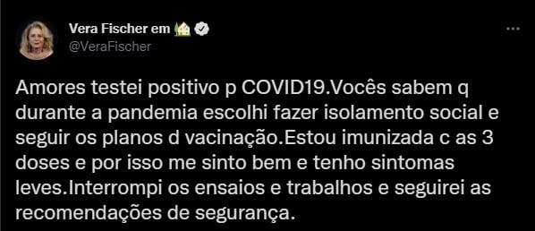 Vera Fischer revela que testou positivo para Covid-19 - Foto: Reprodução