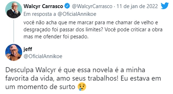 Walcyr Carrasco deu puxão de orelha e recebeu pedido de desculpas do internauta (Reprodução/ Twitter)