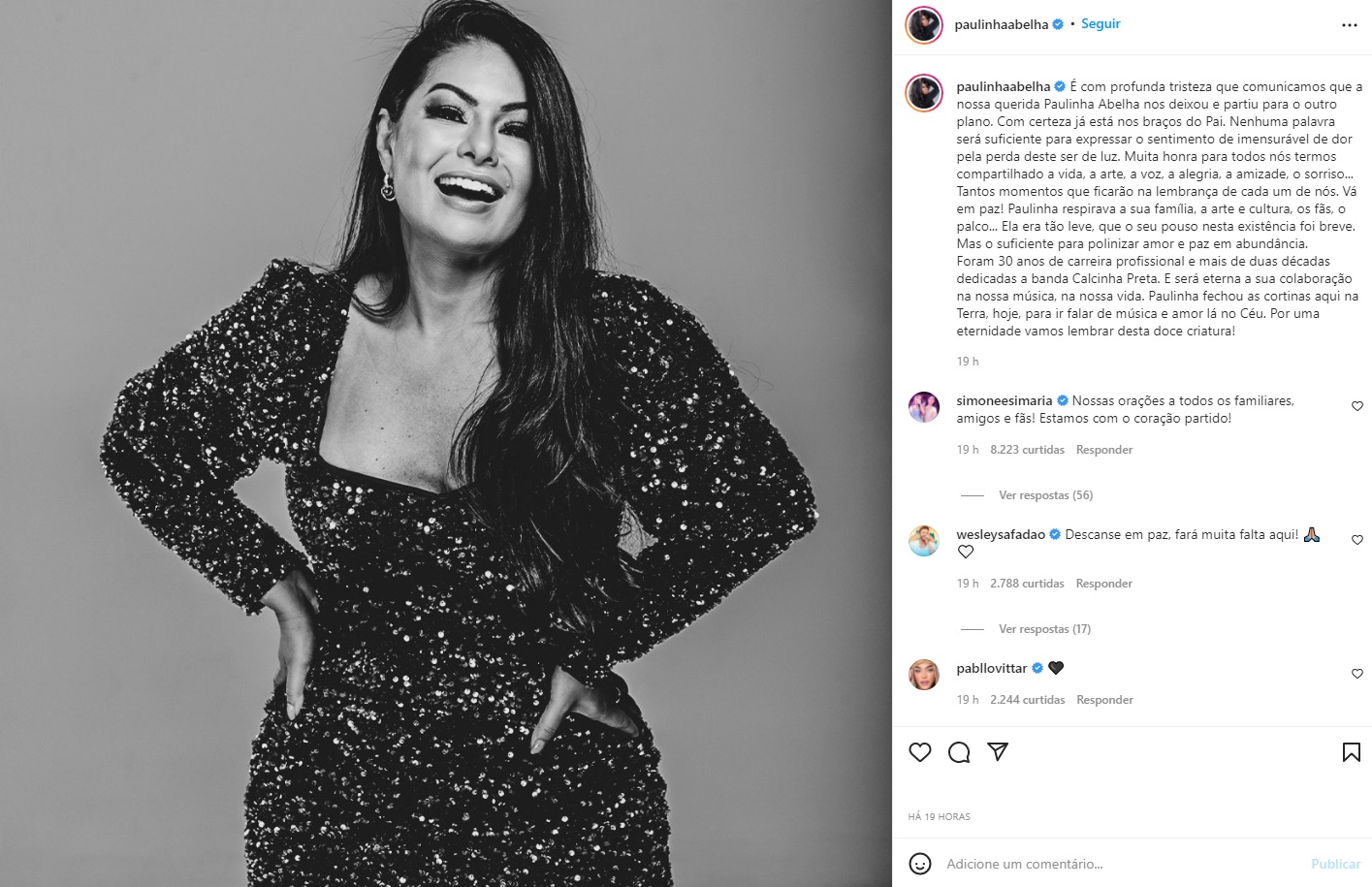 Declaração da equipe da Paulinha Abelha sobre a morte da cantora (Reprodução: Instagram)