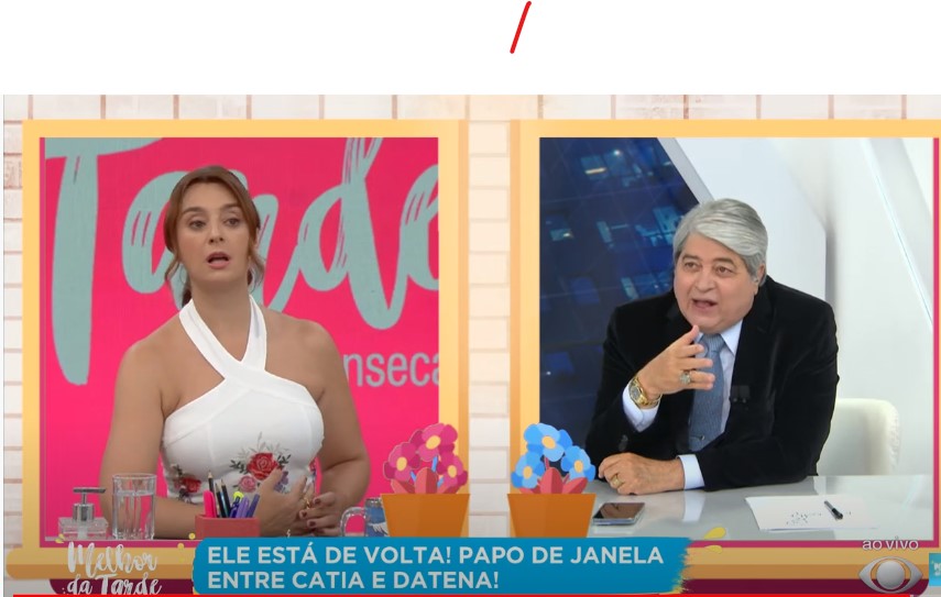 Datena e Catia Fonseca durante o papo na janela desta segunda-feira