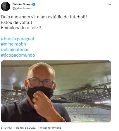 Galvão Bueno se emocionou em um vídeo no Twitter