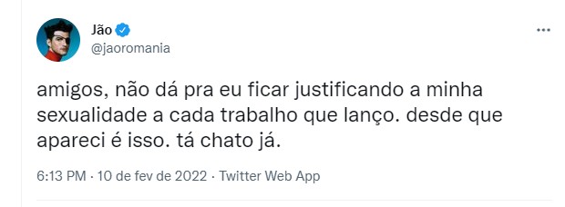 Jão desabafa no Twitter sobre ter que esclarecer sexualidade (Foto: Reprodução)