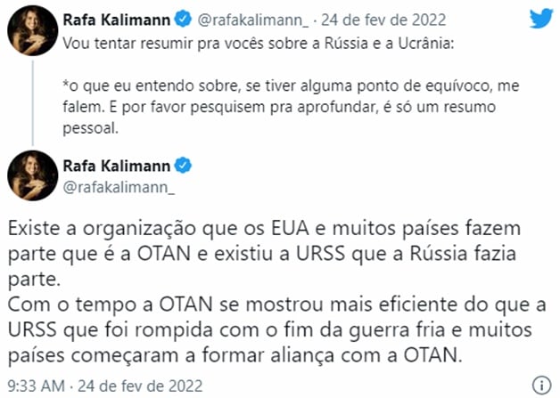 Alguns dos tuíter de Rafa Kalimann sobre o assunto; Apresentadora foi duramente criticada (Reprodução/ Twitter)